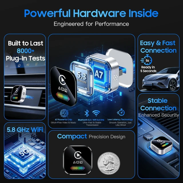 Alt view image 7 of 7 - Wireless CarPlay Adapter for iPhone 2027 Upgraded 4-in-1 Dongle with AirPlay & Screen Mirroring, Low Latency, 5-Second Auto Connect for Wired Cars, Includes USB A/CSilvery