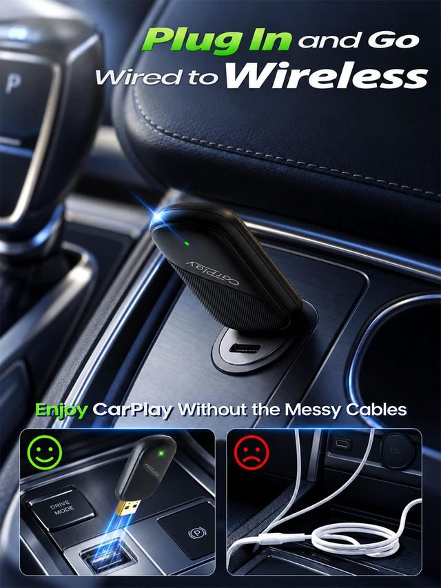 Alt view image 2 of 7 - 2-in-1 Wireless CarPlay Adapter for Apple CarPlay & Android Auto | Wired to Wireless Mini Car Play Dongle, Gold-Plated USB, Bluetooth 5.3 for OEM Cars 2016+