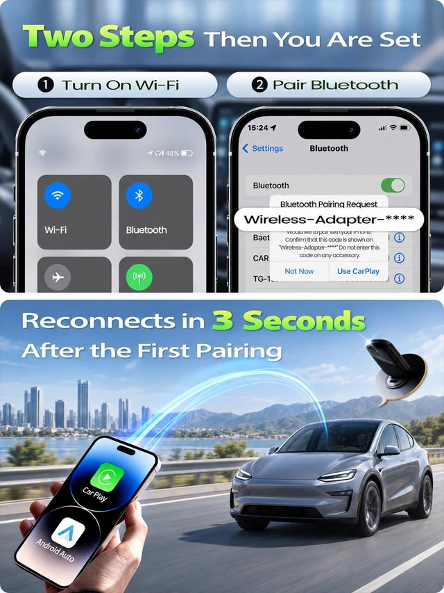 Alt view image 7 of 7 - 2-in-1 Wireless CarPlay Adapter for Apple CarPlay & Android Auto | Wired to Wireless Mini Car Play Dongle, Gold-Plated USB, Bluetooth 5.3 for OEM Cars 2016+
