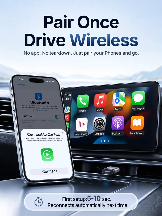 Alt view image 3 of 7 - Wireless CarPlay Adapter for iPhone and Android Auto, USB Car Play Dongle | Auto Reconnect, No Lag, Fast Stable in Any Roads, Gold-Plated, Easy to Use for OEM Wired Cars 2016+ RV Stereos & Speakers