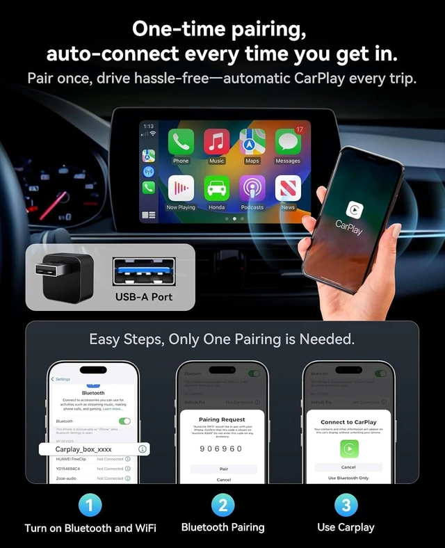 Alt view image 7 of 7 - Wireless CarPlay Adapter 2 in 1 2026 Upgraded for Factory Wired carplay | Apple/Android Auto, Auto-Reconnect, Wired to Wireless Dongle No-Lag, Plug-and-Play, 5GHz WiFi, Bluetooth 5.3 USB-A USB-C