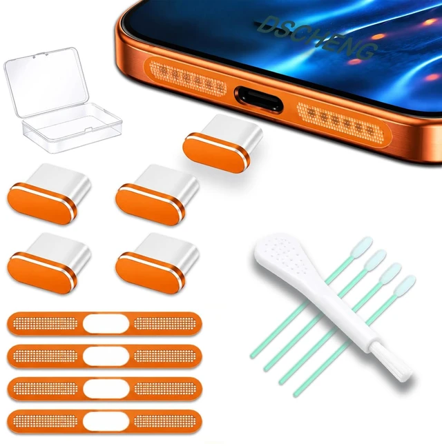 Main image of 4 Pack USB C Dust Plug USB C Port Cover, Type C Charging Port Plug Cover with Speaker Dust Cover Phone Accessories for iPhone 18 Pro / 17 Pro (Metal USB C (Orange) 18 17 Pro)
