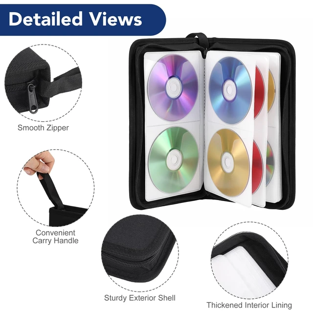Alt view image 3 of 6 - CD Case, 96 Capacity DVD Case Holders with Handle | Portable Storage Organizer for CDs DVDs Case Storage Wallet Binder for Car Home Travel Office(Black)