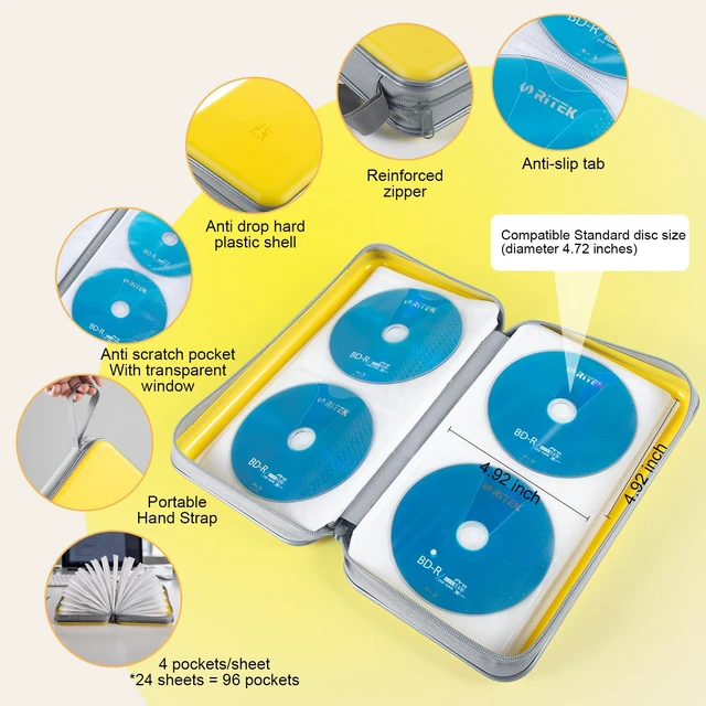 Alt view image 3 of 7 - CD Case, 96 Capacity Hard Plastic Organizer Wallet for Car | CD DVD Holder, Portable Hand Strap, Zipper Closure, Anti-Slip Scratch-Resistant Sleeves, Disc Storage, for Home Office Travel