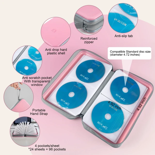 Alt view image 3 of 7 - CD Case, 96 Capacity Hard Plastic Disc Storage Holder for Car | CD DVD Holder, Portable Hand Strap, Zipper Closure, Anti-Slip Scratch-Resistant Sleeves, Disc Storage, for Home Office Travel