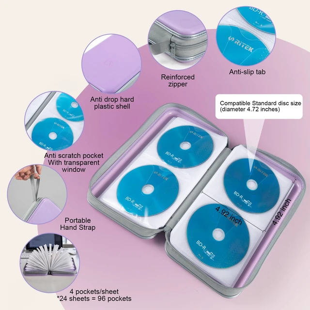 Alt view image 3 of 7 - CD Case, 96 Capacity Hard Plastic Organizer Wallet for Car | CD DVD Holder, Portable Hand Strap, Zipper Closure, Anti-Slip Scratch-Resistant Sleeves, Disc Storage, for Home Office Travel
