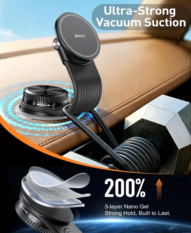 Alt view image 2 of 7 - for MagSafe Car Mount, 360 Adjustable Bendable Memory Alloy Arm, Magnetic Phone Holder with Vacuum Suction Cup, Dashboard Phone Mount for Tesla, iPhone, Samsung & All Smartphones