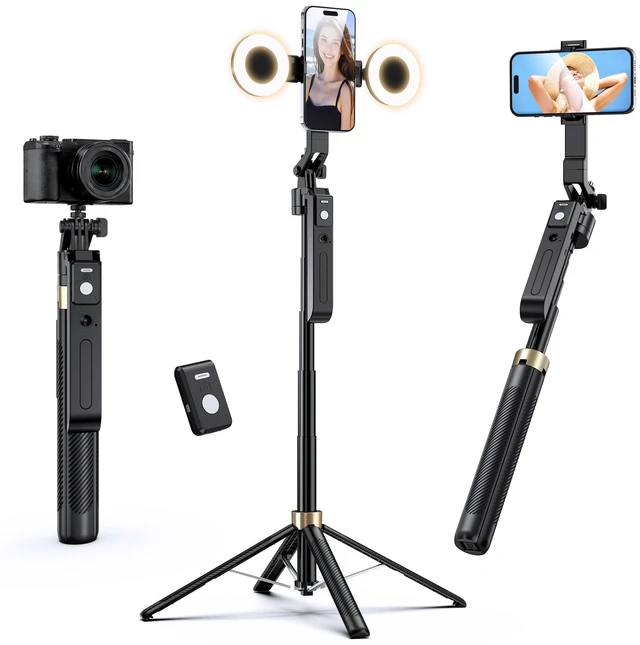 Main image of 70" Auto Face Tracking Phone Tripod for iPhone & Camera with Light | 360° Auto Follow, Selfie Stick Mode, Dual Mini Ring Lights & Remote for Video Recording, Live Streaming and Content Creation