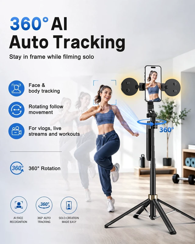 Alt view image 2 of 7 - 70" Auto Face Tracking Phone Tripod for iPhone & Camera with Light | 360° Auto Follow, Selfie Stick Mode, Dual Mini Ring Lights & Remote for Video Recording, Live Streaming and Content Creation