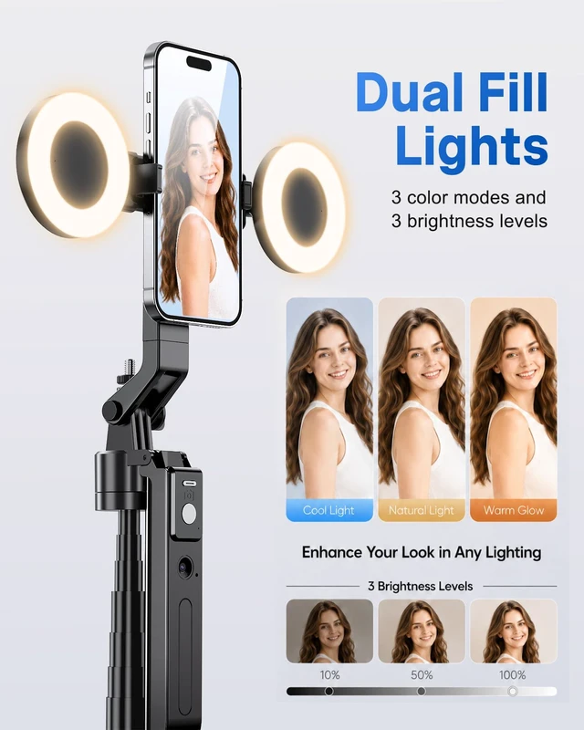 Alt view image 5 of 7 - 70" Auto Face Tracking Phone Tripod for iPhone & Camera with Light | 360° Auto Follow, Selfie Stick Mode, Dual Mini Ring Lights & Remote for Video Recording, Live Streaming and Content Creation