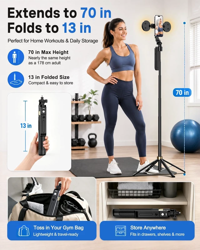 Alt view image 4 of 7 - 70" Auto Face Tracking Phone Tripod for iPhone & Camera with Light | 360° Auto Follow, Selfie Stick Mode, Dual Mini Ring Lights & Remote for Video Recording, Live Streaming and Content Creation