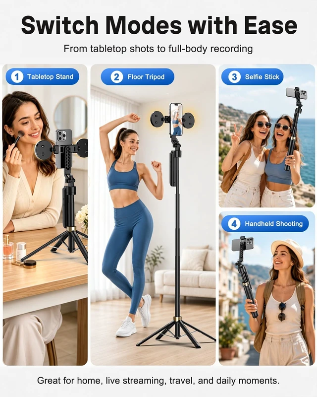 Alt view image 6 of 7 - 70" Auto Face Tracking Phone Tripod for iPhone & Camera with Light | 360° Auto Follow, Selfie Stick Mode, Dual Mini Ring Lights & Remote for Video Recording, Live Streaming and Content Creation