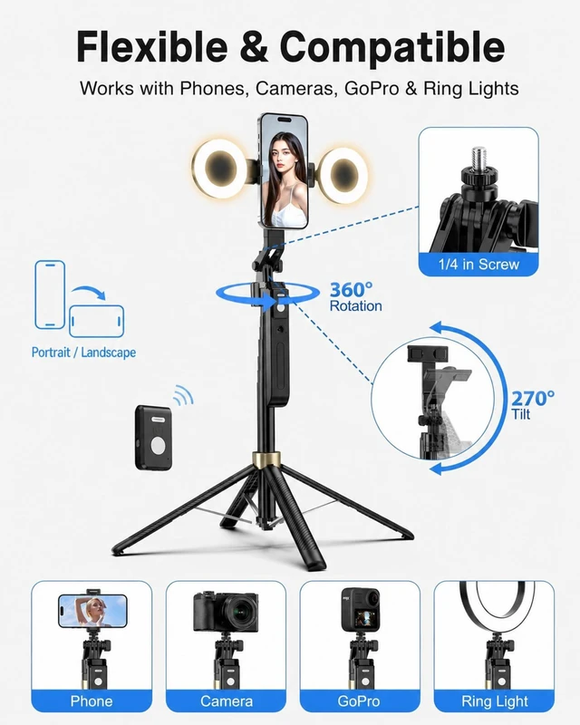 Alt view image 7 of 7 - 70" Auto Face Tracking Phone Tripod for iPhone & Camera with Light | 360° Auto Follow, Selfie Stick Mode, Dual Mini Ring Lights & Remote for Video Recording, Live Streaming and Content Creation