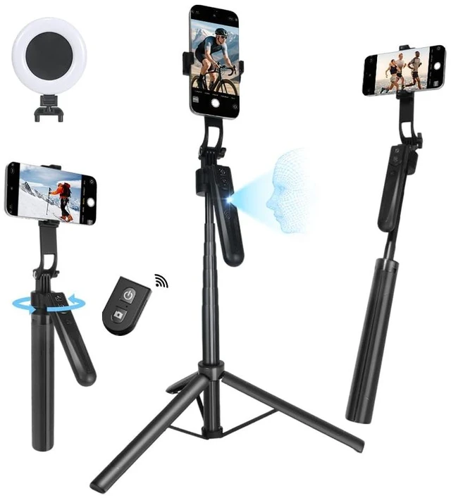 Main image of Auto Face Tracking Tripod for iPhone with Light and Remote Control | 360° Rotation Selfie Stick for iPhone/Android, No App, Phone Tripod for TikTok, Live Streaming, Vlogging