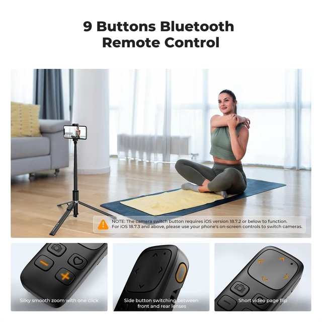 Alt view image 4 of 7 - Selfie Stick, Auto Open & Close Phone Tripod Stand | 360° Rotatable Selfie Stick with 9 Button Bluetooth Remote, Extendable Automatic Tripod for Cell Phone, X96