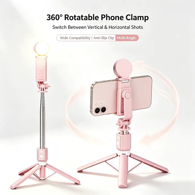 Alt view image 2 of 7 - Selfie Stick with Rechargable Remote & Light (1PC), Tripod for iPhone, Cell Phone Stand for Video Recording, Portable Travel Essentials Smartphone Mount Holder, Extendable Vlogging Filming Accessories