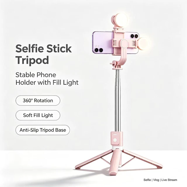 Alt view image 6 of 7 - Selfie Stick with Rechargable Remote & Light (1PC), Tripod for iPhone, Cell Phone Stand for Video Recording, Portable Travel Essentials Smartphone Mount Holder, Extendable Vlogging Filming Accessories