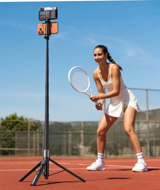 Main image of One-Hand Open 67" Phone Tripod Selfie Stick for iPhone with Remote | One hand opens all three legs in 0.01s - no button, no prying. Watch the video to see it. Phone tripod, selfie stick