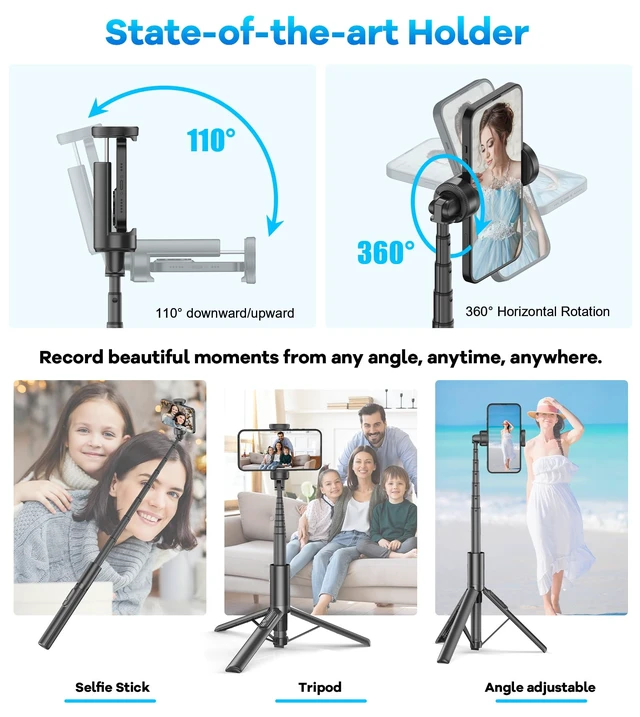 Alt view image 3 of 7 - 67" Aluminum Phone Tripod Selfie Stick with Remote,Lightweight Travel Stand | Universal Holder Fits 4"-7" inch Phones360°Rotatable Portable Smartphone Tripod Rechargeable for iPhone/Android