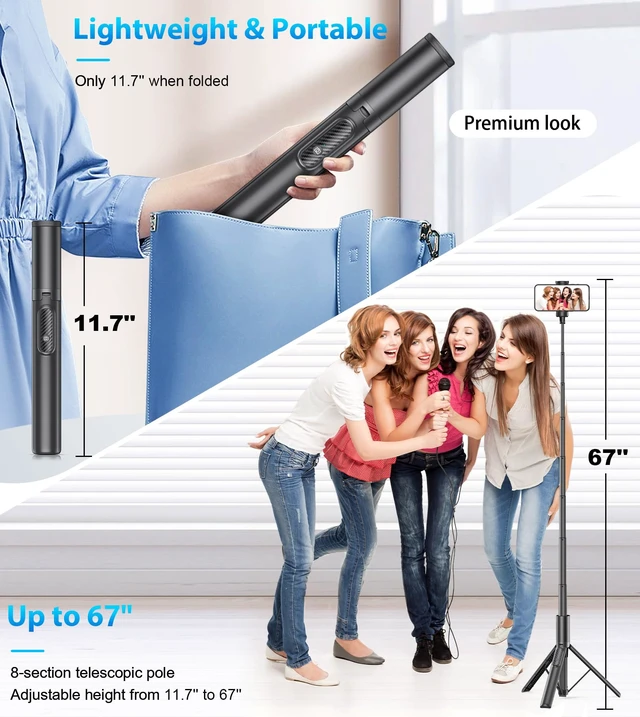 Alt view image 6 of 7 - 67" Aluminum Phone Tripod Selfie Stick with Remote,Lightweight Travel Stand | Universal Holder Fits 4"-7" inch Phones360°Rotatable Portable Smartphone Tripod Rechargeable for iPhone/Android