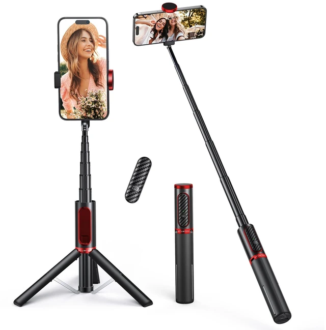 Main image of Selfie Stick Tripod, 3-in-1 Extendable Aluminum Phone Tripod with Detachable Bluetooth Remote, Compatible with iPhone 17/16/15/14/13/12/11/11 Pro/XS Max/XR and Samsung Smartphones, Red