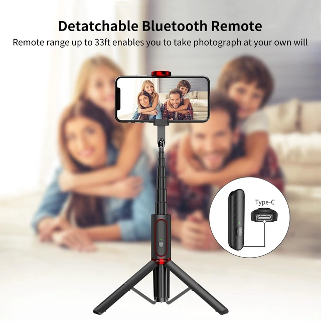 Alt view image 3 of 7 - Selfie Stick Tripod, 3-in-1 Extendable Aluminum Phone Tripod with Detachable Bluetooth Remote, Compatible with iPhone 17/16/15/14/13/12/11/11 Pro/XS Max/XR and Samsung Smartphones, Red