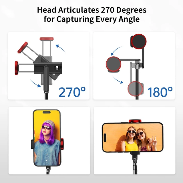 Alt view image 2 of 7 - Selfie Stick Tripod, 3-in-1 Extendable Aluminum Phone Tripod with Detachable Bluetooth Remote, Compatible with iPhone 17/16/15/14/13/12/11/11 Pro/XS Max/XR and Samsung Smartphones, Red