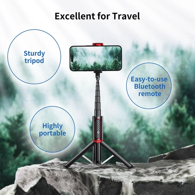 Alt view image 5 of 7 - Selfie Stick Tripod, 3-in-1 Extendable Aluminum Phone Tripod with Detachable Bluetooth Remote, Compatible with iPhone 17/16/15/14/13/12/11/11 Pro/XS Max/XR and Samsung Smartphones, Red