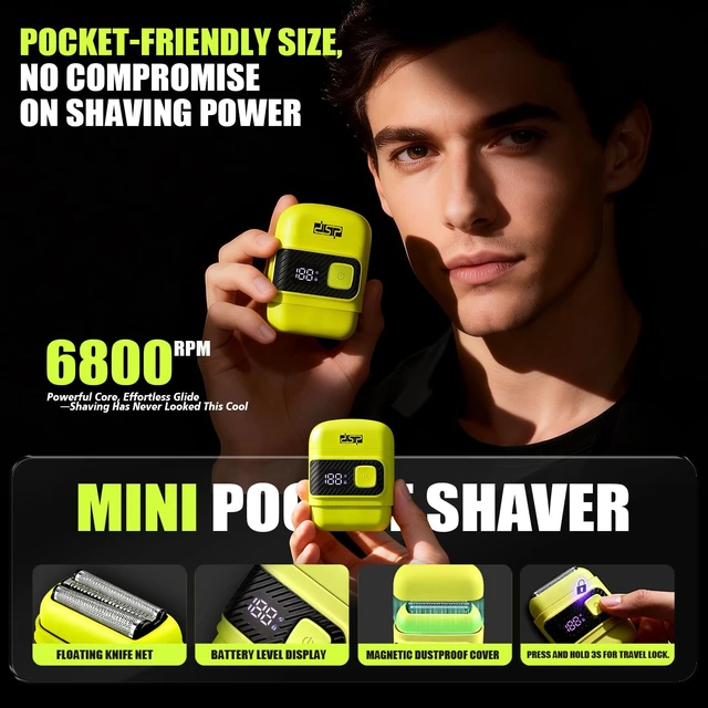 Alt view image 3 of 6 - Mini Electric Foil Shaver for Men, Cordless Rechargeable, Travel Razor | LED Display, Travel Lock, IPX6 Waterproof, Wet/Dry Shave, Close Shaver, 6800RPM Motor, 100min Runtime, USB-C Charging