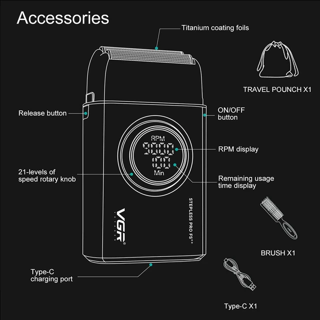 Alt view image 5 of 7 - 377 Double Foil Shaver for Bald Men with 9000 RPM 21-Speed, Black | 21 Speed; 1400mAh battery; 100min/10min runtime; titanium foils; hypoallergenic foils; blade protector/protective cap