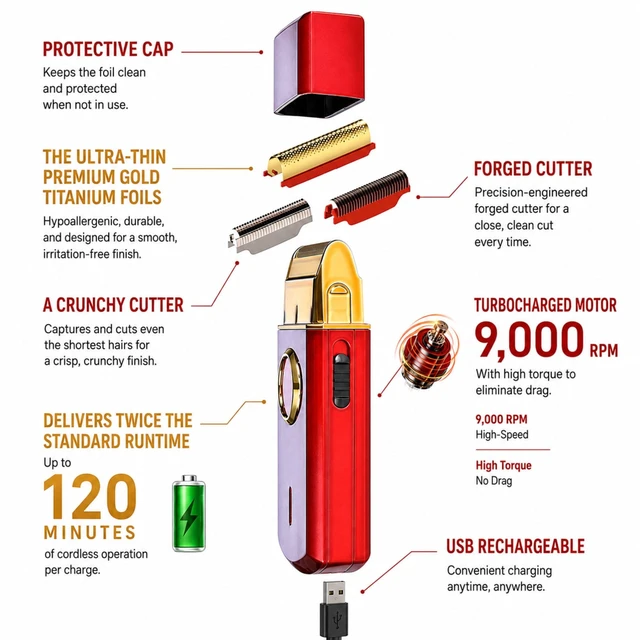 Alt view image 2 of 6 - Uno Cordless Single Foil Shaver, Mini Travel Size, Portable | Gold Titanium Premium Head, Turbocharged Motor, Echo Cutter, Forged Cutter