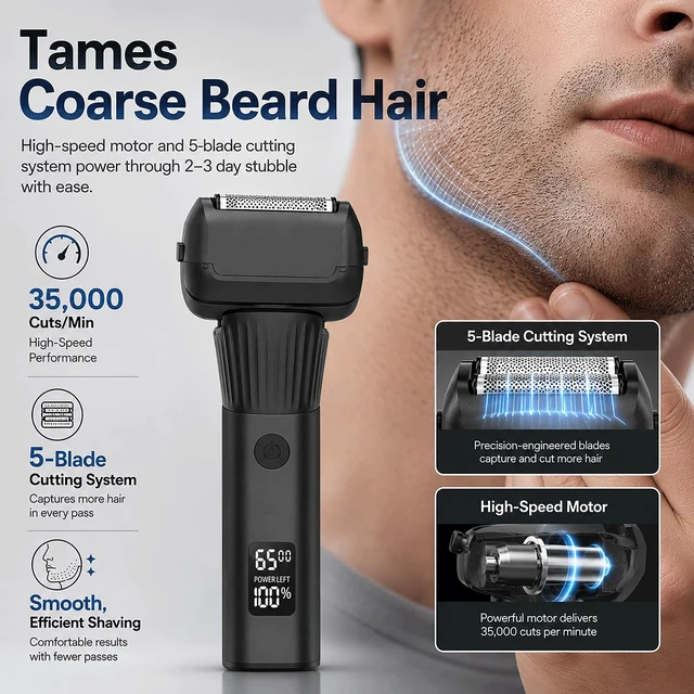 Alt view image 2 of 7 - Electric Razor for Men, 5-Blade Foil Shaver, Wet Dry, USB-C, 2-Speed | 5-Blade Foil Shaver for Face with 2 Speeds, Wet Dry Use, USB-C Charging, LED Display, Pop-up Trimmer, Up to 100-Min Runtime