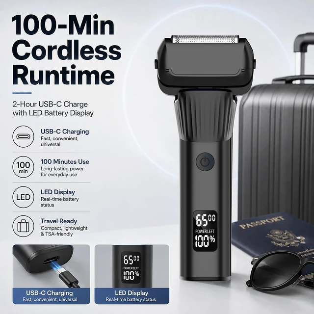 Alt view image 4 of 7 - Electric Razor for Men, 5-Blade Foil Shaver, Wet Dry, USB-C, 2-Speed | 5-Blade Foil Shaver for Face with 2 Speeds, Wet Dry Use, USB-C Charging, LED Display, Pop-up Trimmer, Up to 100-Min Runtime