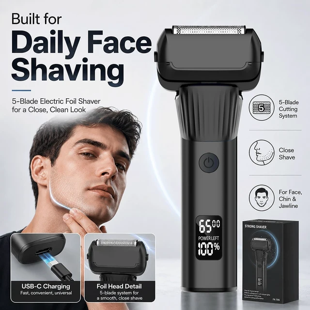 Alt view image 6 of 7 - Electric Razor for Men, 5-Blade Foil Shaver, Wet Dry, USB-C, 2-Speed | 5-Blade Foil Shaver for Face with 2 Speeds, Wet Dry Use, USB-C Charging, LED Display, Pop-up Trimmer, Up to 100-Min Runtime