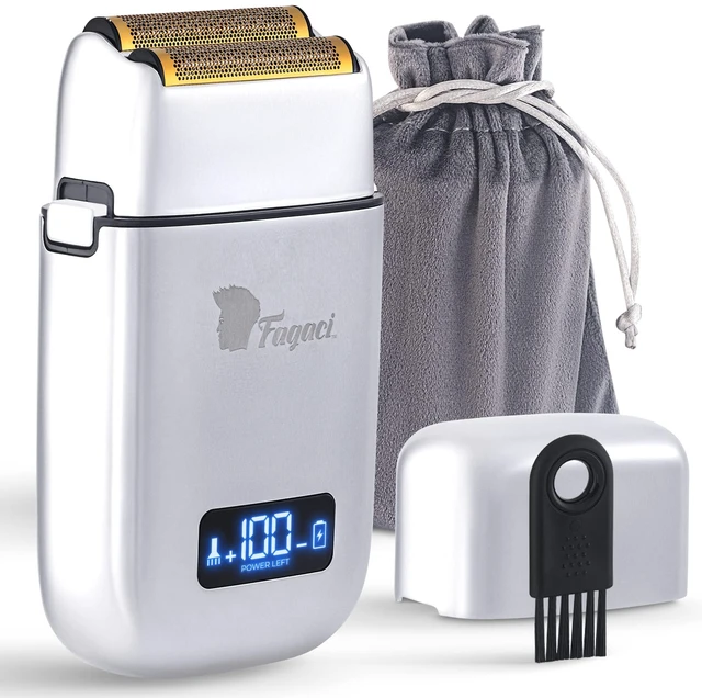 Main image of Foil Shaver for Men, 5 Speed Cordless Barber Ultra Close Foil Razor | Silver double-foil shaver with 5 speed settings for a close, irritation-free shave on face and neck. LCD display, cordless.