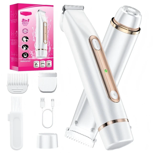 Main image of Bikini Trimmer for Women, 2-in-1 Electric Razors for Women Painless, Pubic Hair Trimmer & Facial Hair Remover, IPX7 Waterproof Rechargeable Lady Shaver for Bikini Area, Legs, Underarms & Face (White)