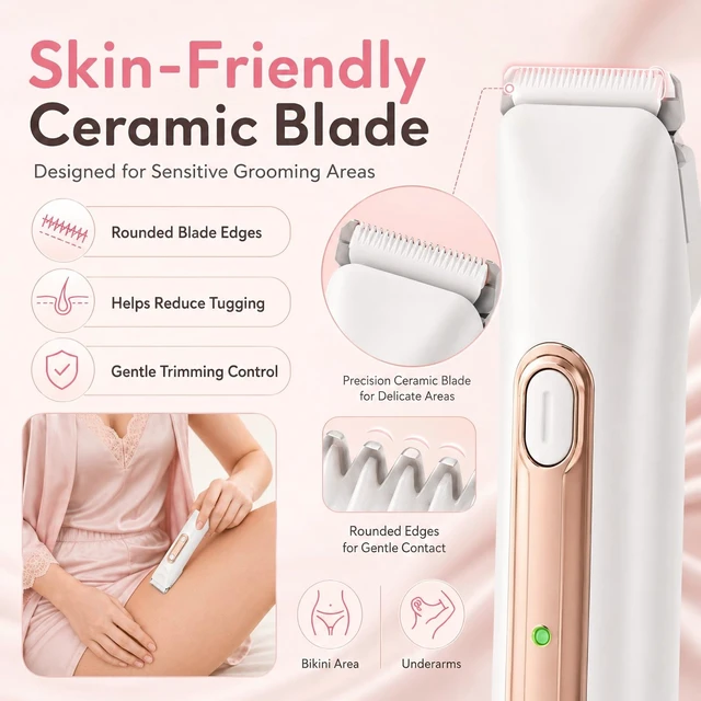 Alt view image 3 of 7 - Bikini Trimmer for Women, 2-in-1 Electric Razors for Women Painless, Pubic Hair Trimmer & Facial Hair Remover, IPX7 Waterproof Rechargeable Lady Shaver for Bikini Area, Legs, Underarms & Face (White)