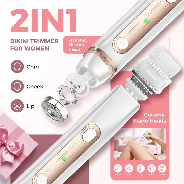 Alt view image 2 of 7 - Bikini Trimmer for Women, 2-in-1 Electric Razors for Women Painless, Pubic Hair Trimmer & Facial Hair Remover, IPX7 Waterproof Rechargeable Lady Shaver for Bikini Area, Legs, Underarms & Face (White)