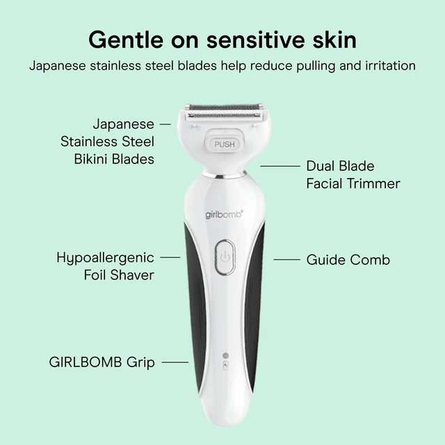 Alt view image 4 of 7 - Girlbomb Body & Face Shaver for Women, Cordless, 75-Minute Runtime | Dual-blade design for body and facial hair removal for women, complete with a dual-blade trimmer and guide comb