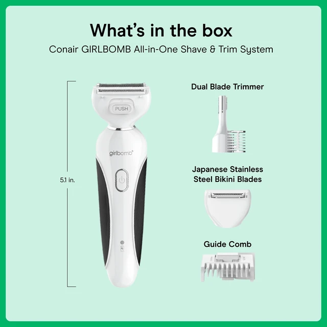 Alt view image 7 of 7 - Girlbomb Body & Face Shaver for Women, Cordless, 75-Minute Runtime | Dual-blade design for body and facial hair removal for women, complete with a dual-blade trimmer and guide comb