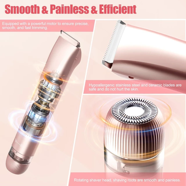 Alt view image 3 of 7 - Bikini Trimmer for Women 2 in 1, Dual Head Womens Electric Shaver, Electric Razors for Pubic Hair, IPX7 Waterproof Rechargeable Facial Hair Removal for Shaving Underarm Leg Arm Face Body,Nude Pink