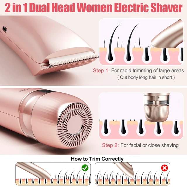 Alt view image 2 of 7 - Bikini Trimmer for Women 2 in 1, Dual Head Womens Electric Shaver, Electric Razors for Pubic Hair, IPX7 Waterproof Rechargeable Facial Hair Removal for Shaving Underarm Leg Arm Face Body,Nude Pink