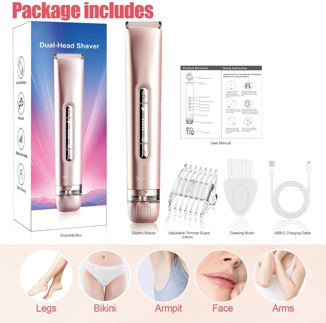 Alt view image 7 of 7 - Bikini Trimmer for Women 2 in 1, Dual Head Womens Electric Shaver, Electric Razors for Pubic Hair, IPX7 Waterproof Rechargeable Facial Hair Removal for Shaving Underarm Leg Arm Face Body,Nude Pink