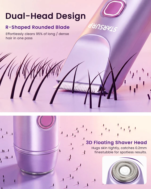 Alt view image 3 of 7 - Bikini Trimmer for Women, 2-in-1 Dual Head Electric Razors & Shaver, Gifts IPX7 Waterproof Womens Electric Shaver,USB-C Rechargeable,Dual Ceramic Blades,Face Shaver & Body Hair Trimmer for Bikini Line