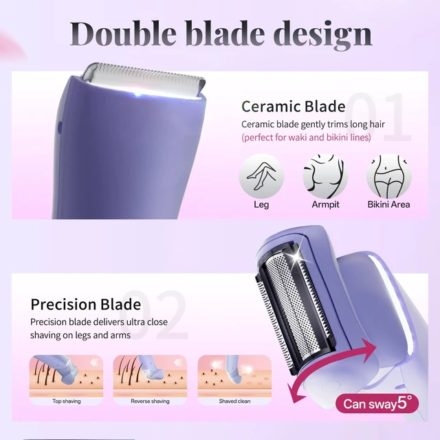 Alt view image 3 of 7 - Electric Razor for Women, Painless Bikini Trimmer, IPX6 | 2-in-1 heads, IPX6 wet/dry, LED display, painless, for bikini and body, travel lock, easy clean