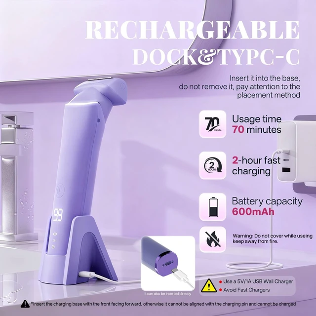 Alt view image 7 of 7 - Electric Razor for Women, Painless Bikini Trimmer, IPX6 | 2-in-1 heads, IPX6 wet/dry, LED display, painless, for bikini and body, travel lock, easy clean