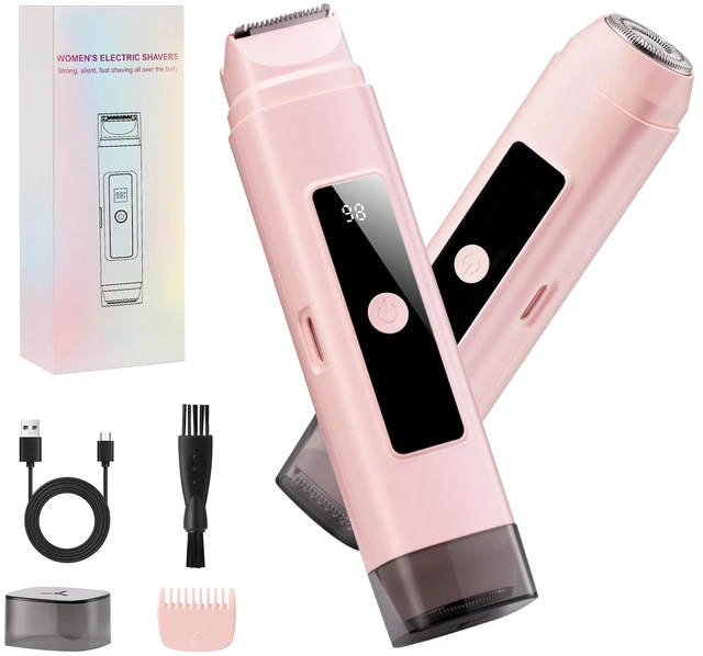 Main image of Bikini Trimmer for Women: 2-in-1 Electric Shaver with Digital Display | IPX7 Waterproof & Easy Cleaning& Travel Lock - Dual Head Trimmer for Underarms, Legs, Face (Pink)