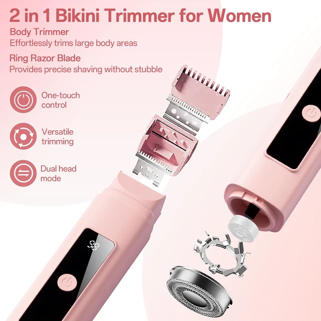 Alt view image 2 of 7 - Bikini Trimmer for Women: 2-in-1 Electric Shaver with Digital Display | IPX7 Waterproof & Easy Cleaning& Travel Lock - Dual Head Trimmer for Underarms, Legs, Face (Pink)