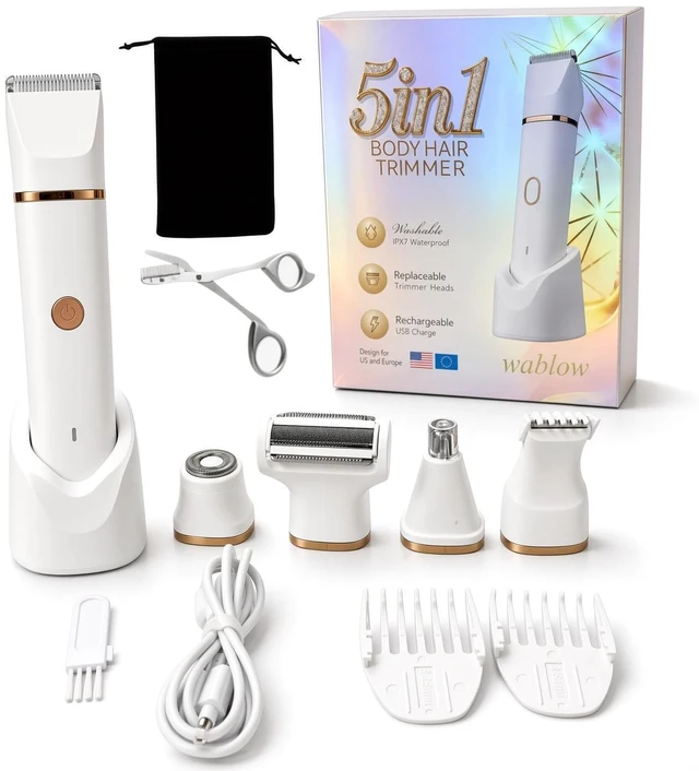 Main image of 5-in-1 Electric Bikini Trimmer for Women IPX7 Waterproof Shaver, Cordless Body & Facial Razors for Women, Ceramic Blades, Painless Hair Removal, Charging Base USB-C Rechargeable