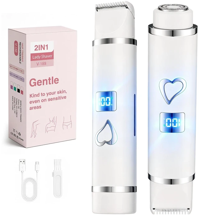 Main image of Bikini Trimmer for Women IPX7 Waterproof, Electric Razors,White | 2-in-1 body head with hypoallergenic blades,IPX7 waterproof for wet/dry use, and cordless fast USB charging